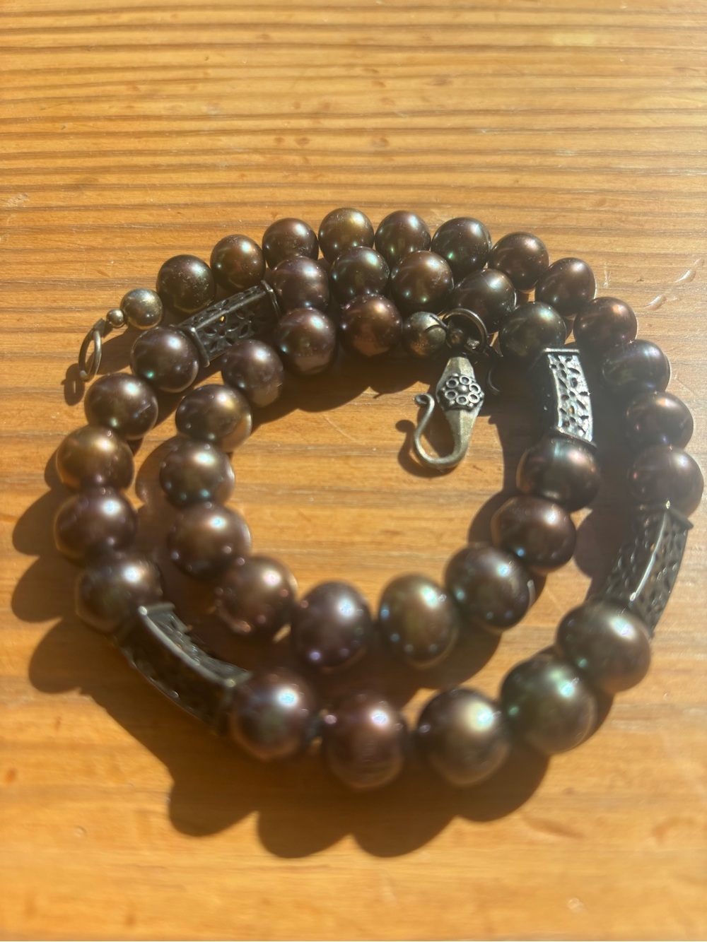 Handcrafted Dark Peacock Pearl Necklace with Sterling Silver Spacers and Clasp